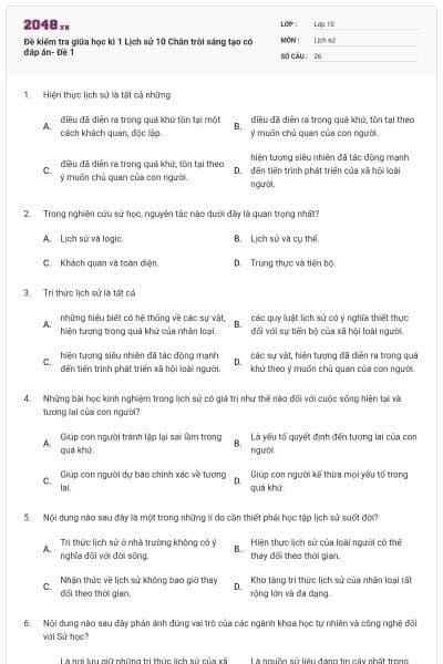 Đề kiểm tra giữa học kì 1 Lịch sử 10 Chân trời sáng tạo có đáp án- Đề 1