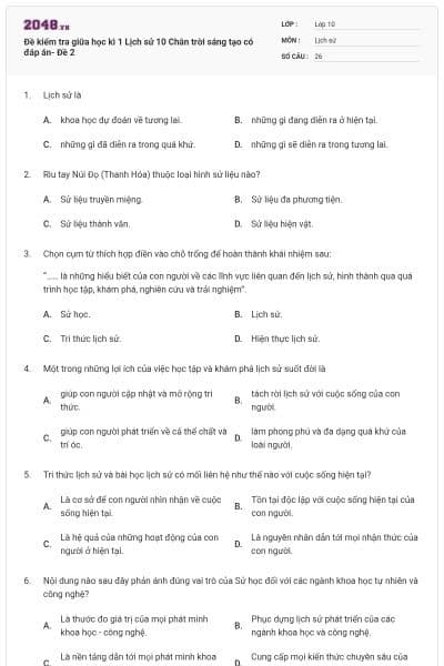 Đề kiểm tra giữa học kì 1 Lịch sử 10 Chân trời sáng tạo có đáp án- Đề 2