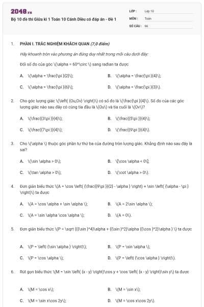 Bộ 10 đề thi Giữa kì 1 Toán 10 Cánh Diều có đáp án - Đề 1