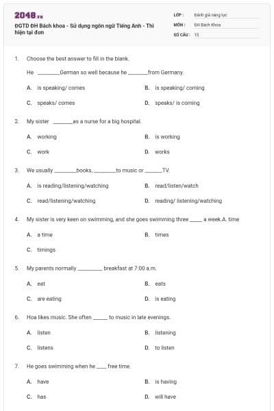 ĐGTD ĐH Bách khoa - Sử dụng ngôn ngữ Tiếng Anh - Thì hiện tại đơn