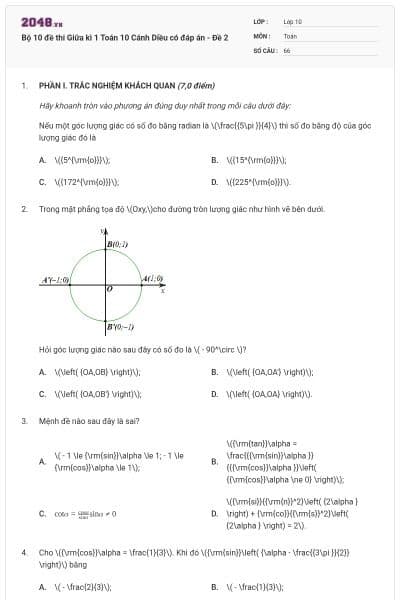 Bộ 10 đề thi Giữa kì 1 Toán 10 Cánh Diều có đáp án - Đề 2