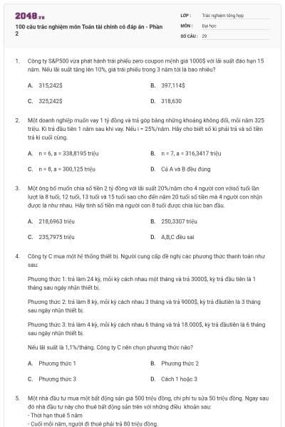 100 câu trắc nghiệm môn Toán tài chính có đáp án - Phần 2