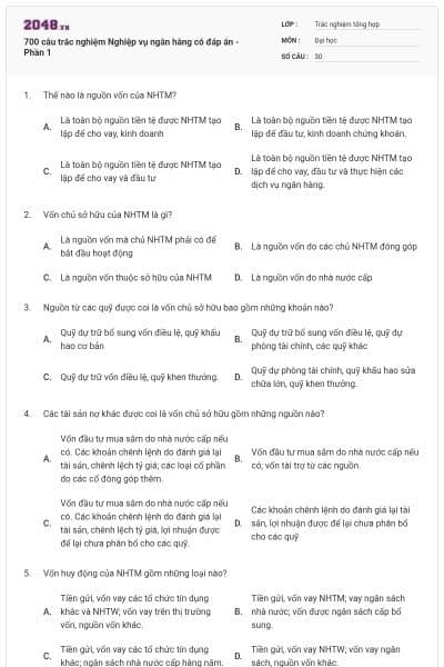 700 câu trắc nghiệm Nghiệp vụ ngân hàng có đáp án - Phần 1