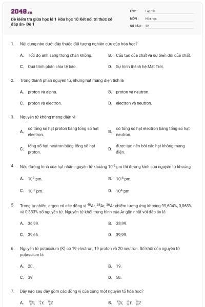 Đề kiểm tra giữa học kì 1 Hóa học 10 Kết nối tri thức có đáp án- Đề 1