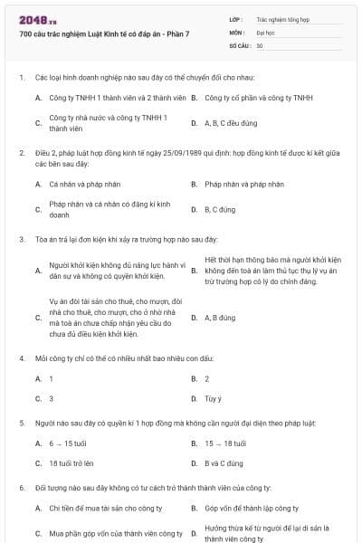 700 câu trắc nghiệm Luật Kinh tế có đáp án - Phần 7