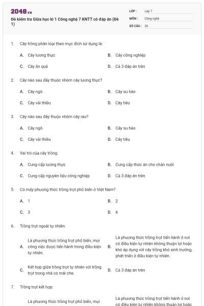 Đề kiểm tra Giữa học kì 1 Công nghệ 7 KNTT có đáp án (Đề 1)