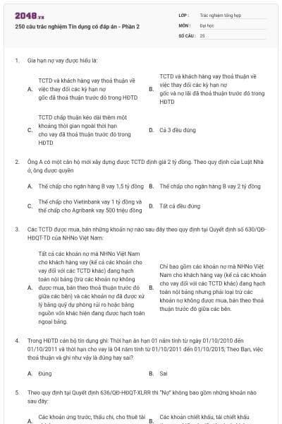 250 câu trắc nghiệm Tín dụng có đáp án - Phần 2