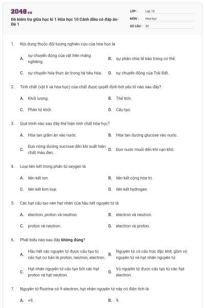 Đề kiểm tra giữa học kì 1 Hóa học 10 Cánh diều có đáp án- Đề 1