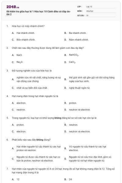 Đề kiểm tra giữa học kì 1 Hóa học 10 Cánh diều có đáp án- Đề 2