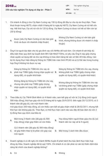 250 câu trắc nghiệm Tín dụng có đáp án - Phần 3