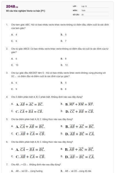 80 câu trắc nghiệm Vectơ cơ bản (P1)