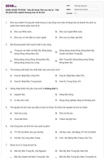 ĐGNL ĐHQG TP.HCM - Vấn đề thuộc lĩnh vực địa lý - Vấn đề phát triển ngành thương mại và du lịch