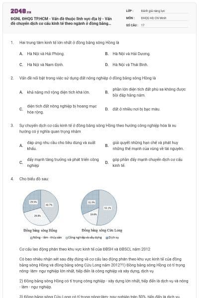 ĐGNL ĐHQG TP.HCM - Vấn đề thuộc lĩnh vực địa lý - Vấn đề chuyển dịch cơ cấu kinh tế theo ngành ở đồng bằng sông Hồng