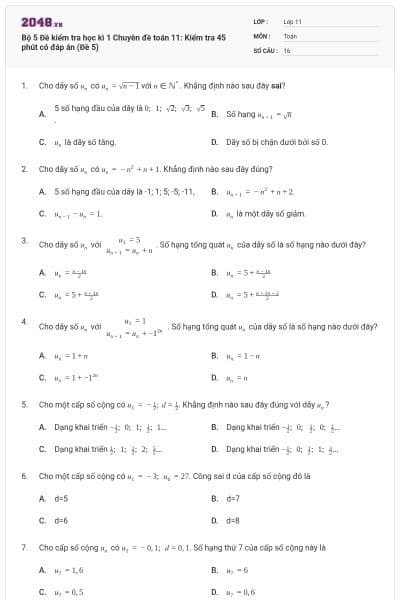 Bộ 5 Đề kiểm tra học kì 1 Chuyên đề toán 11: Kiểm tra 45 phút có đáp án (Đề 5)