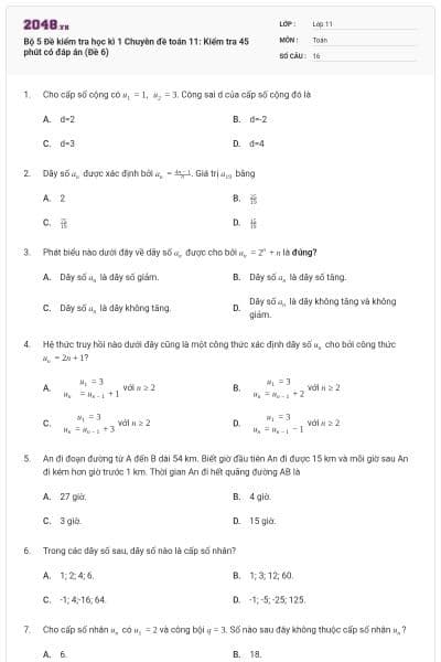 Bộ 5 Đề kiểm tra học kì 1 Chuyên đề toán 11: Kiểm tra 45 phút có đáp án (Đề 6)