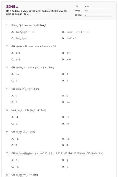 Bộ 5 Đề kiểm tra học kì 1 Chuyên đề toán 11: Kiểm tra 45 phút có đáp án (Đề 7)