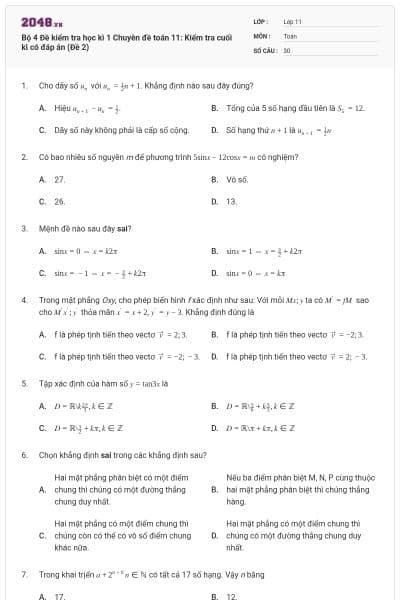 Bộ 4 Đề kiểm tra học kì 1 Chuyên đề toán 11: Kiểm tra cuối kì có đáp án (Đề 2)