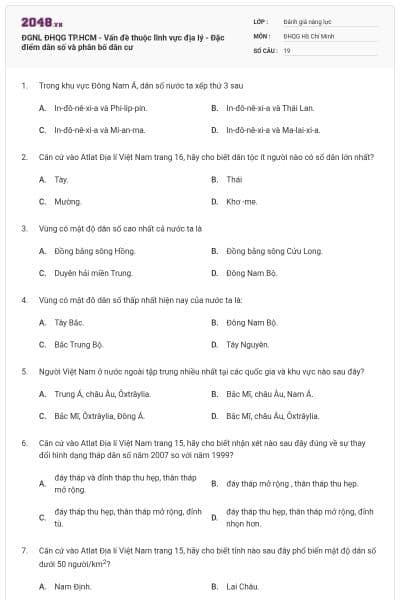 ĐGNL ĐHQG TP.HCM - Vấn đề thuộc lĩnh vực địa lý - Đặc điểm dân số và phân bố dân cư
