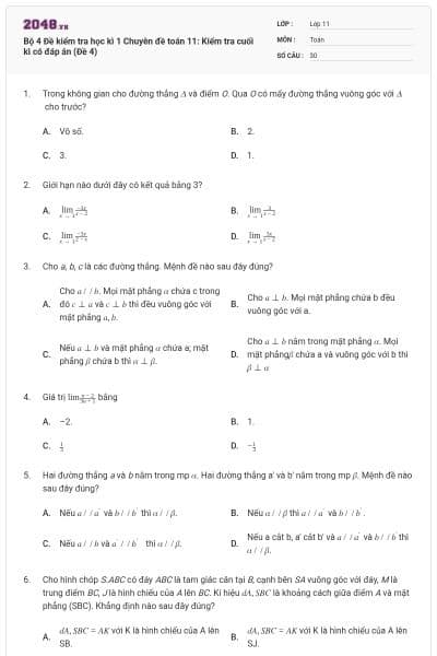 Bộ 4 Đề kiểm tra học kì 1 Chuyên đề toán 11: Kiểm tra cuối kì có đáp án (Đề 4)