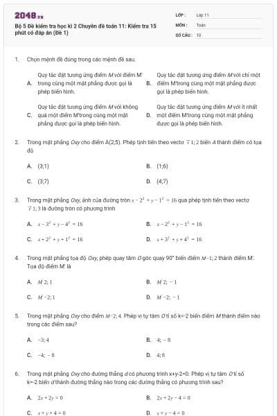 Bộ 5 Đề kiểm tra học kì 2 Chuyên đề toán 11: Kiểm tra 15 phút có đáp án (Đề 1)
