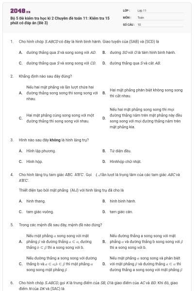 Bộ 5 Đề kiểm tra học kì 2 Chuyên đề toán 11: Kiểm tra 15 phút có đáp án (Đề 3)