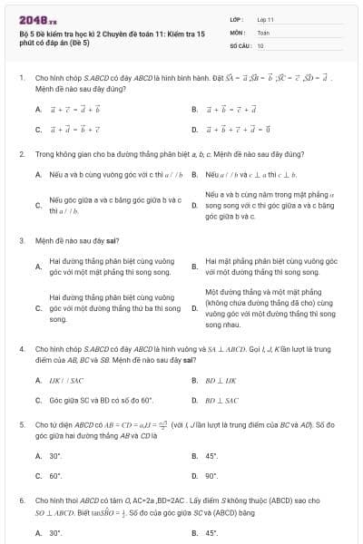 Bộ 5 Đề kiểm tra học kì 2 Chuyên đề toán 11: Kiểm tra 15 phút có đáp án (Đề 5)