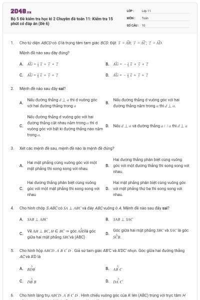 Bộ 5 Đề kiểm tra học kì 2 Chuyên đề toán 11: Kiểm tra 15 phút có đáp án (Đề 6)