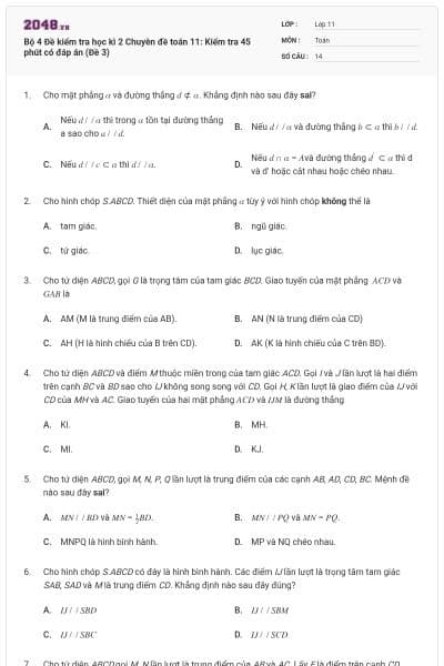 Bộ 4 Đề kiểm tra học kì 2 Chuyên đề toán 11: Kiểm tra 45 phút có đáp án (Đề 3)