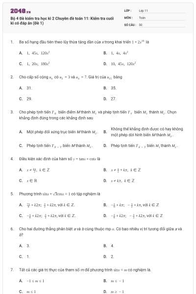 Bộ 4 Đề kiểm tra học kì 2 Chuyên đề toán 11: Kiểm tra cuối kì có đáp án (Đề 1)