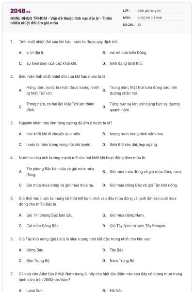ĐGNL ĐHQG TP.HCM - Vấn đề thuộc lĩnh vực địa lý - Thiên nhiên nhiệt đới ẩm gió mùa