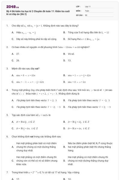 Bộ 4 Đề kiểm tra học kì 2 Chuyên đề toán 11: Kiểm tra cuối kì có đáp án (Đề 2)