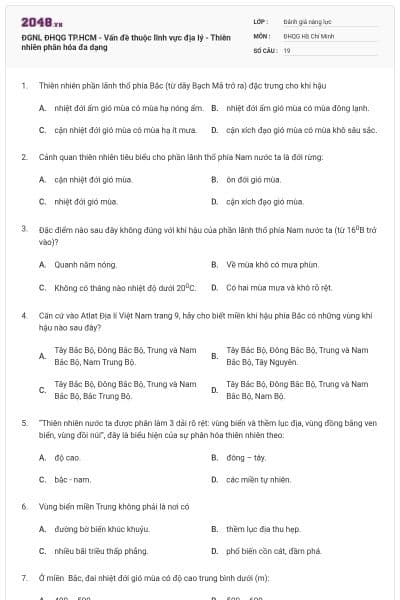 ĐGNL ĐHQG TP.HCM - Vấn đề thuộc lĩnh vực địa lý - Thiên nhiên phân hóa đa dạng