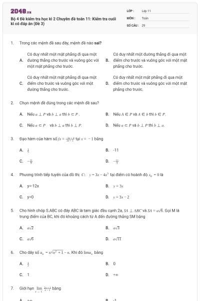 Bộ 4 Đề kiểm tra học kì 2 Chuyên đề toán 11: Kiểm tra cuối kì có đáp án (Đề 3)