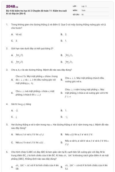 Bộ 4 Đề kiểm tra học kì 2 Chuyên đề toán 11: Kiểm tra cuối kì có đáp án (Đề 4)