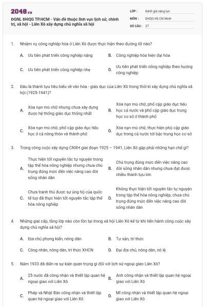 ĐGNL ĐHQG TP.HCM - Vấn đề thuộc lĩnh vực lịch sử, chính trị, xã hội - Liên Xô xây dựng chủ nghĩa xã hội