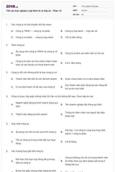 700 câu trắc nghiệm Luật Kinh tế có đáp án - Phần 10