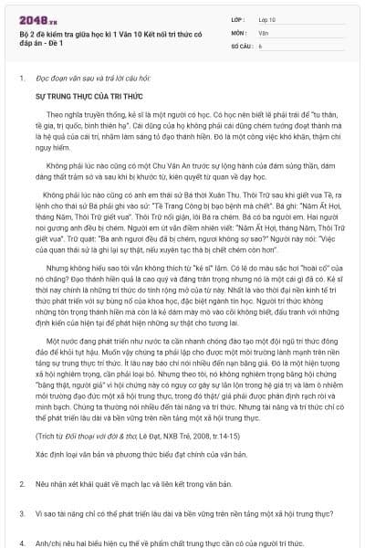 Bộ 2 đề kiểm tra giữa học kì 1 Văn 10 Kết nối tri thức có đáp án - Đề 1