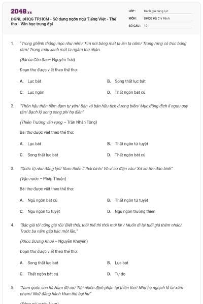 ĐGNL ĐHQG TP.HCM - Sử dụng ngôn ngữ Tiếng Việt - Thể thơ - Văn học trung đại