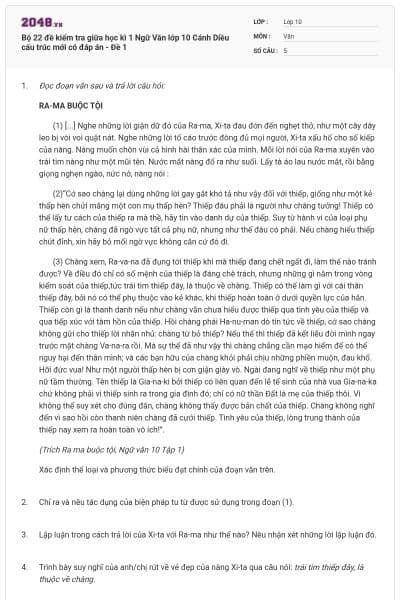 Bộ 22 đề kiểm tra giữa học kì 1 Ngữ Văn lớp 10 Cánh Diều cấu trúc mới có đáp án - Đề 1