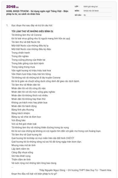 ĐGNL ĐHQG TP.HCM - Sử dụng ngôn ngữ Tiếng Việt - Biện pháp tu từ, so sánh và nhân hóa