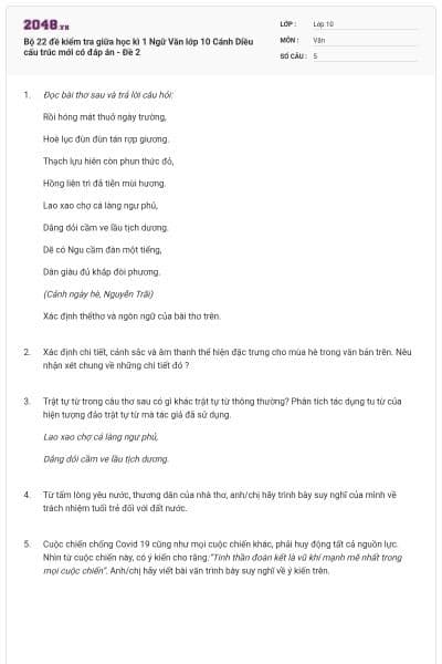 Bộ 22 đề kiểm tra giữa học kì 1 Ngữ Văn lớp 10 Cánh Diều cấu trúc mới có đáp án - Đề 2
