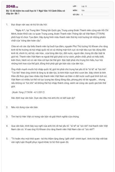 Bộ 12 đề kiểm tra cuối học kì 1 Ngữ Văn 10 Cánh Diều có đáp án- Đề 1