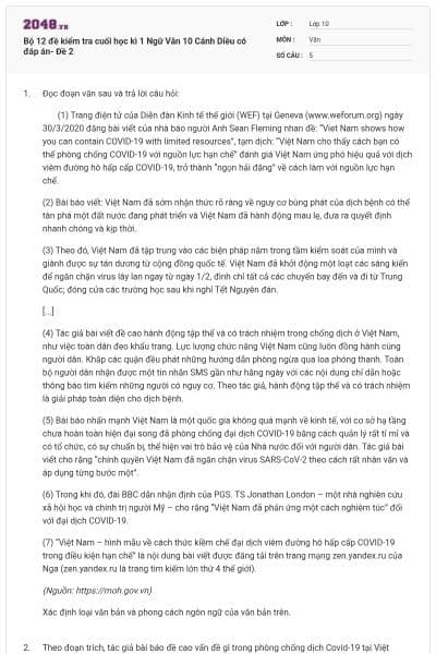 Bộ 12 đề kiểm tra cuối học kì 1 Ngữ Văn 10 Cánh Diều có đáp án- Đề 2