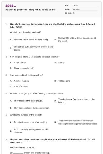 Đề kiểm tra giữa học kì 1 Tiếng Anh 10 có đáp án- Đề 1