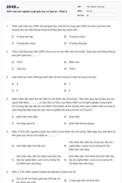 920+ câu trắc nghiệm Luật giáo dục có đáp án - Phần 6