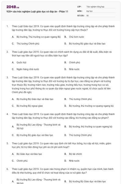 920+ câu trắc nghiệm Luật giáo dục có đáp án - Phần 11