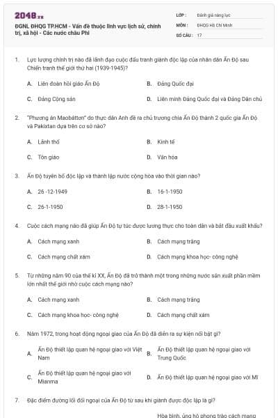 ĐGNL ĐHQG TP.HCM - Vấn đề thuộc lĩnh vực lịch sử, chính trị, xã hội - Các nước châu Phi