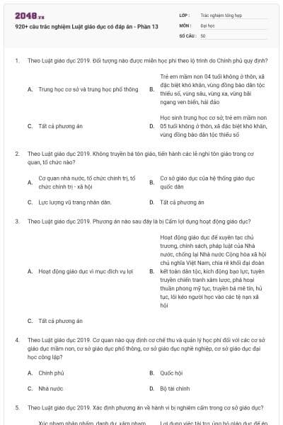 920+ câu trắc nghiệm Luật giáo dục có đáp án - Phần 13