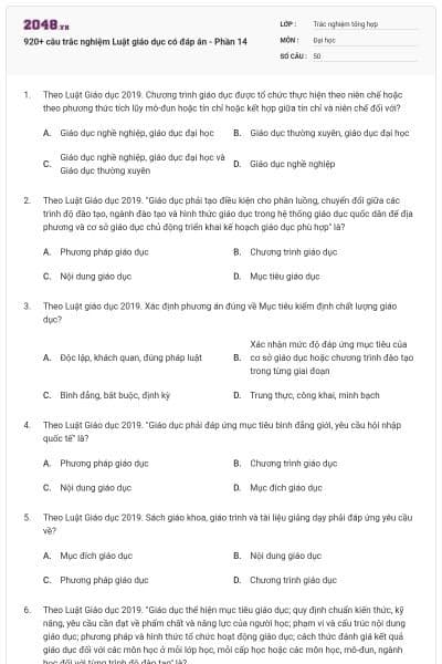920+ câu trắc nghiệm Luật giáo dục có đáp án - Phần 14