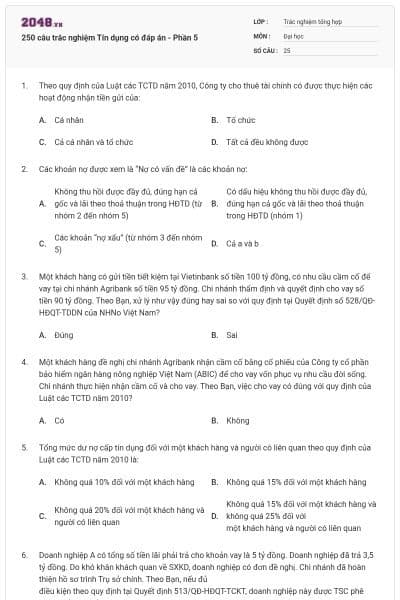 250 câu trắc nghiệm Tín dụng có đáp án - Phần 5